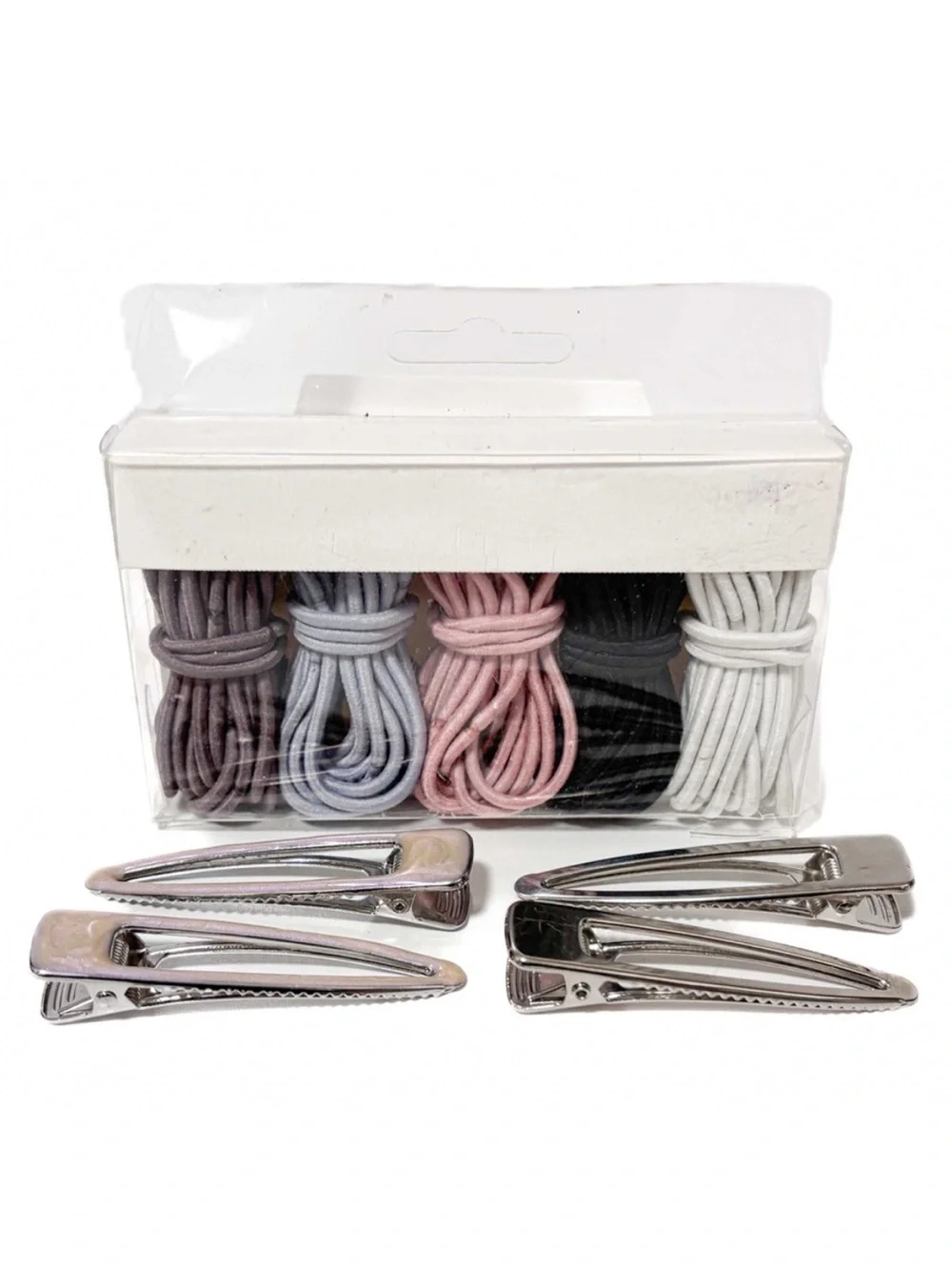 NEW ~ 100+ Seamless Hair Elastics + 4 Alligator Hair Clips (Silver/Pink)Set